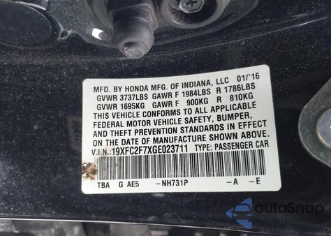 2016 Honda Civic Ex from USA, damaged, VIN 19XFC2F7XGE023711